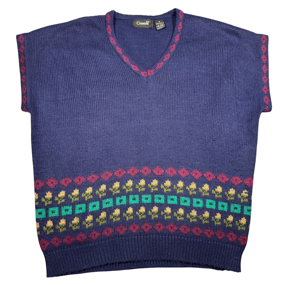 Vintage Catalina Sweater Vest Navy Blue Floral Geometric V-Neck Knit Size Small